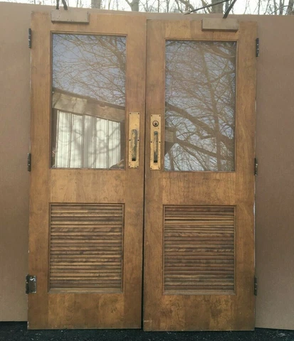 VTG Pair 30x84 Birch Brass Hardware Louvered School Double Doors 277-22B Cover