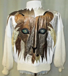 80s Vtg Augustina Women's Jacket Zip Leather & Knit Bomber Jacket Lion Medium - Picture 1 of 13