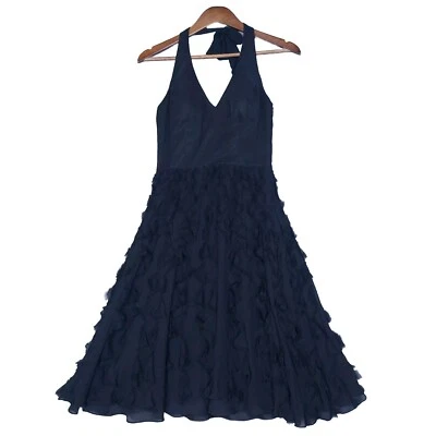 White House Black Market Dress Women's 0 Black 100% Silk Halter Eyelash Fringe - Image 1 of 4