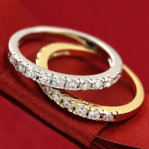 9K YELLOW WHITE GOLD GF SOLID WOMEN ETERNITY WEDDING BAND RING SIMULATED DIAMOND - Picture 1 of 21
