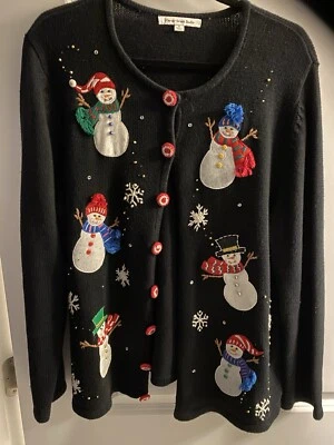 Cardigã suéter feminino Mercer Street Studio não feio Natal boneco de neve GG - Imagem 1 de 4