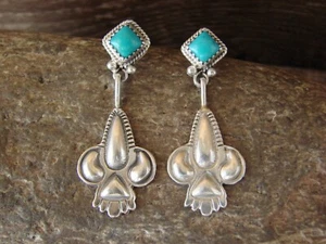 Navajo Indian Hand Stamped Sterling Silver Turquoise Post Earrings by Betone - Picture 1 of 6