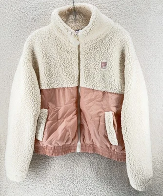 Chaqueta acolchada para mujer Fila rosa polvoriento con vellón crema, bolsillos, cremallera talla pequeña Foto 1 de 4