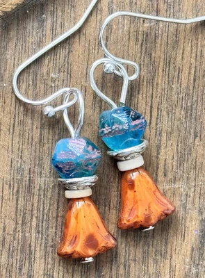 Etched Silver, White, Orange and Aqua Blue Dangle Earrings. - Image 1 of 3
