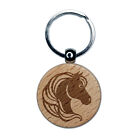 Horse Head Flowing Mane Stallion Engraved Wood Round Keychain Tag Charm