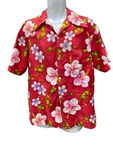 Vtg 50s 60s Hawaiian Shirt by Ui Maikai Mens Cotton Red Floral Large Fixer - Picture 1 of 12