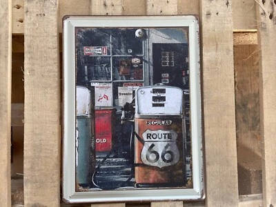 Vintage Style Metal Sign Classic Route 66 Gas Pump Scene Printed Retro Wall Art - Image 1 of 3