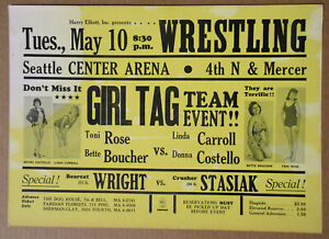 GIRL TAG TEAM WRESTLING Seattle Center Arena 1966 Cardboard POSTER Vintage VG+