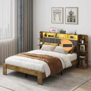 Queen Bed Frame with Storage & LED Lights, Dark Gray Linen, No Box Spring - Picture 1 of 14