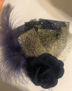 Retro Navy Blue Flower Feathers Gold Spider & Celestial Ribbon Clip Fascinator - Picture 1 of 2