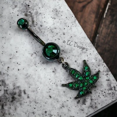 14g PVD negro verde oscuro circonita cúbica colgante brillo marihuana maceta hoja anillo vientre (B92) Foto 1 de 3