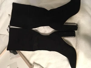 NWT SWAROVSKI HEEL Knee High Badgley Mischka Jovial Micro Suede Boots Blk Sz10 - Picture 1 of 10