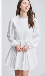 En Saison Ivory Textured Stripe Babydoll Tiered Long Sleeve Dress NWT Sz L - Picture 1 of 10
