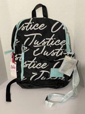 Justice backpack girls 17” Black and teal with ID holder and lanyard NWT - Image 1 of 4