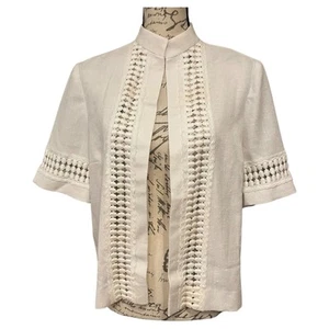 Vintage 70s Lord & Taylor White Boxy Short Sleeve ILGWU Jacket Lattice Trim Sz18 - Picture 1 of 14
