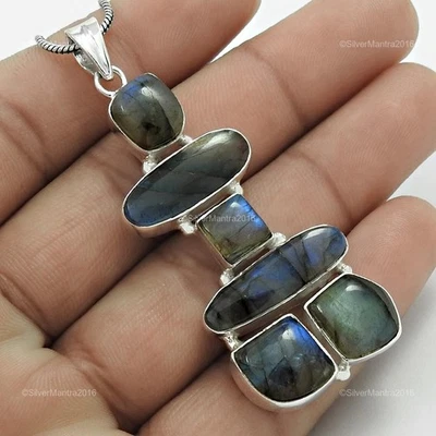 Labradorite Pietra 925 Argento Sterling Elegante Natale Inukshuk Ciondolo Gioie - Immagine 1 di 4