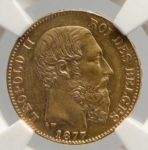 1877 BELGIUM King Leopold II VINTAGE ANTIQUE Old Gold 20 Francs Coin NGC i94023 - Picture 1 of 5