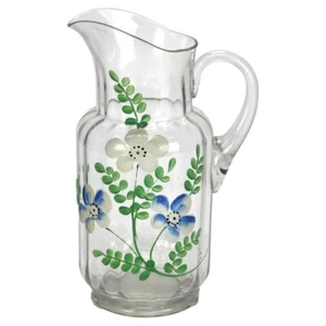 Brocca acqua vintage in vetro dipinto a mano floreale C1950 - Foto 1 di 6