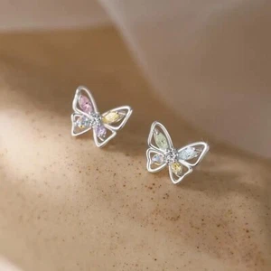 Simulated Multi Cut Gemstone Butterfly Design Stud Earrings In 10K White Gold - Picture 1 of 4