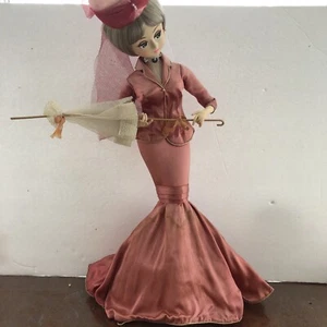 Vintage Beautiful Bradley Boudoir Doll 21” Pink Dress Hat Umbrella Big Eyes - Picture 1 of 13