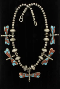 Kingman Turquoise & Coral Raised Cobblestone Inlay Dragonfly Necklace  - Picture 1 of 4