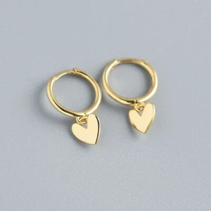 Cute Petite Yellow Gold Fashion Jewelry Heart Charm Round Huggie Hoop Earrings - Picture 1 of 3