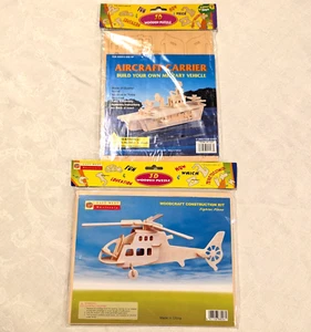 Lot of 2 Wooden Puzzle 3D Aircraft Carrier Ship Helicopter Fighter Plane Vtg - Imagen 1 de 6