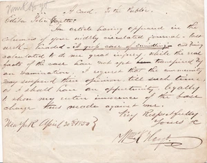 1850 AUTOGRAPH LETTER by Anti-Catholic REV. WILLIAM K. HOYT - Maria Monk HOAX - Picture 1 of 1