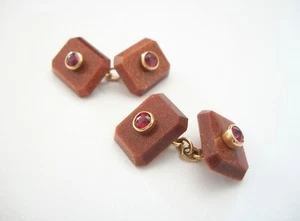 Art Deco Ruby, Goldstone & 18K Yellow Gold Cufflinks - U.K. - Circa 1920's - Picture 1 of 15