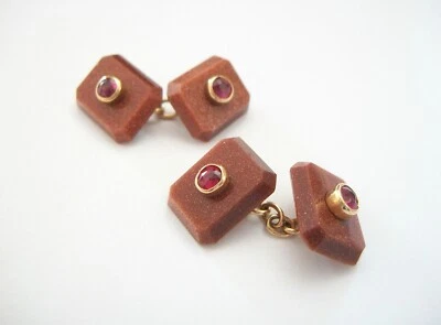 Art Deco Ruby, Goldstone & 18K Yellow Gold Cufflinks - U.K. - Circa 1920's - Image 1 of 4