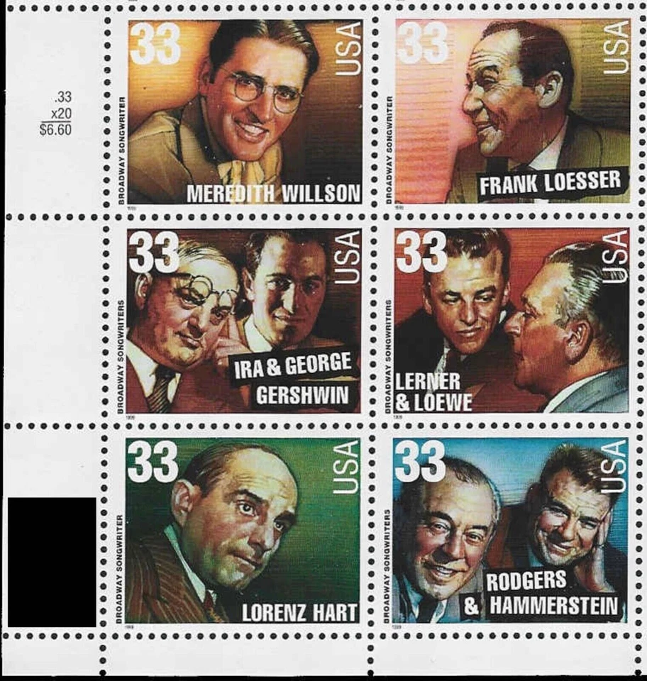 US #3345-3350 MNH Plate Block 1999 Broadway Songwriters Gershwin [LL #P22222] - Image 1 of 1