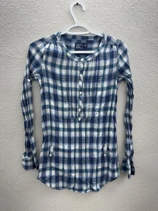 Womens American Eagle Shirt Size 0 Blue Plaid Long Sleeve Henley  - Picture 1 of 12