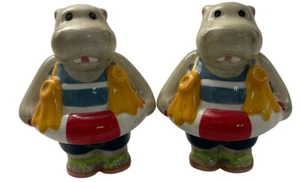 Hippo Salt Pepper Set 4"   Hippopotamus Tray Swimming PACHYDERM Vintage - Picture 1 of 17