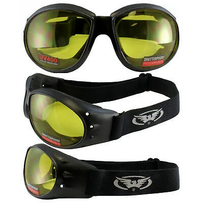 GLOBAL VISION Eliminator Motorcycle Goggles Yellow Shatterproof Anti-Fog Lenses w Pouch