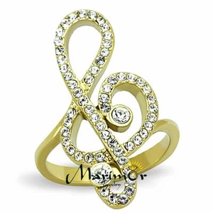 Anillo de moda con notas musicales de cristal de acero inoxidable enchapado en oro 14K para mujer talla 5-10 - Imagen 1 de 7