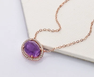 Natural Amethyst Silver Halo Necklace in 925 Sterling Silver - Imagem 1 de 4
