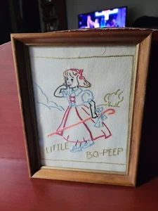 Vintage  Embroidery Nursery Rhyme Little Bo-Peep 7" X 9" Framed - Picture 1 of 1