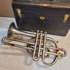 Antique Civil War Cornopean Horn Cornet and Wooden Coffin Case