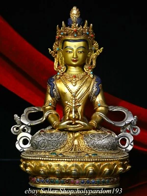 8.6" Antiguo Tíbet Bronce 24K Oro Incrustación Gemas Amitayus Longevidad Diosa  Foto 1 de 4