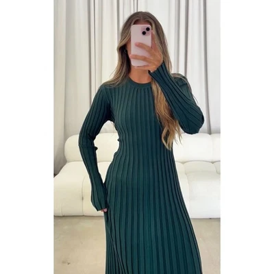 Nuevo con etiquetas Maxi Vestido Acanalado Manga Larga Worth Collective Tejido Verde Oliva Oscuro L Foto 1 de 4