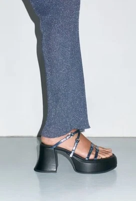 Sandalias de tacón E8 Miista Nara azules metálicas gruesas Y2K con tiras talla 37 Foto 1 de 4