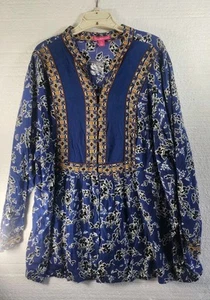 NEU Women Within blau/schwarz/weiß Blumenmuster Knopfleiste Tunika Bluse Größe 2X - Bild 1 von 11