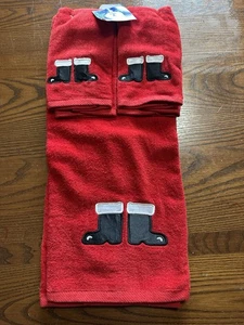 Vintage KMART Santa Boots Red Christmas Bath Towel & Washcloth Embroidered Set - Picture 1 of 4