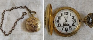 Vintage Arnex 17 Jewel Swiss Pocket Watch Train Motif Gold Tone Case REPAIR - Picture 1 of 16