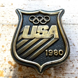 Vtg 1980 USA Olympic Bergamot Brass Belt Buckle Lake Placid NY Winter Olympics - Picture 1 of 8