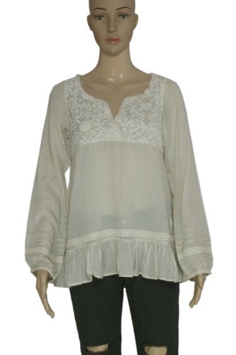 OFF WHITE Top tunica Anthropologie Odd Molly pizzo ricamato manica lunga bianco sporco nuovo S 1