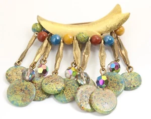 Vintage Handmade Modernist Multi Color Art Glass Bead Fringe Dangle Brooch Pin - Picture 1 of 4