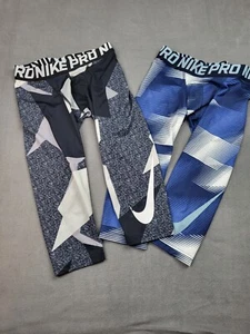 Lot Of 2 Nike Compression Shorts Boy Medium Blue Black Stretch Lightweight Train - Picture 1 of 10