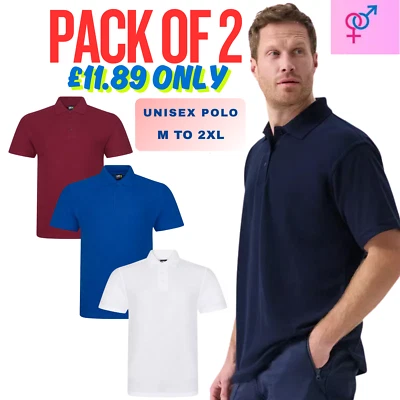2 PACK UNISEX POLO SHIRTS COTTON SHORT SLEEVE WORK GRADE COLLAR CASUAL WORK POLO - Image 1 of 2