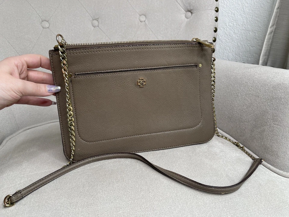 Ann Taylor Taupe Leather & Chain Crossbody Purse HandBag Gold Brown - Image 1 of 4